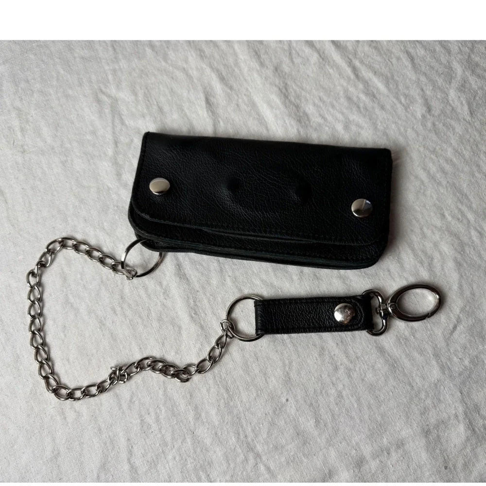 La Rosa Design Black Pebbled Leather Biker Trucker Wallet w Chain Belt Loop VTG